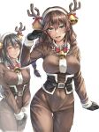  2girls animal_costume antlers bell belt belt_buckle black_belt black_gloves black_hair braid breasts brown_hair buckle chikuma_(kantai_collection) closed_eyes closed_mouth eyebrows_visible_through_hair gloves green_eyes hair_between_eyes highres kantai_collection kokuzou large_breasts long_hair long_sleeves multiple_girls noshiro_(kantai_collection) open_mouth reindeer_antlers reindeer_costume simple_background smile twin_braids white_background 