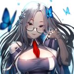  1girl azur_lane bangs blue_butterfly blue_cloak blue_dress blurry_foreground braid breasts bug butterfly cleavage cleavage_cutout cloak clothing_cutout collared_dress commentary_request detached_sleeves dress eyebrows_visible_through_hair glasses grey_hair grey_sleeves hair_ornament hand_up insect large_breasts long_hair long_sleeves looking_at_viewer mitchy1023 necktie neckwear_between_breasts parted_bangs parted_lips red_neckwear ribbed_sleeves semi-rimless_eyewear shangri-la_(azur_lane) sidelocks simple_background smile snowflake_hair_ornament solo standing taut_clothes taut_dress underboob upper_body very_long_hair white_background 