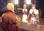  1girl 5boys acolyte_(ragnarok_online) arms_at_sides bangs barrel beard black_vest blonde_hair blue_eyes blue_pants blue_shirt blush brick_wall brown_gloves brown_hair brown_jacket brown_pants brown_shirt capelet chair clenched_hand commentary_request couch crossed_swords day desk eyebrows_visible_through_hair faceless faceless_male facial_hair facing_away full_body gauntlets gloves hair_slicked_back herman_von_efesiers ike_masato indoors jacket long_skirt long_sleeves looking_at_another medium_hair multiple_boys open_mouth own_hands_together painting_(object) pants ragnarok_online red_eyes red_hair sheath sheathed shield shiny shiny_hair shirt short_hair sitting skirt sleeves_rolled_up standing sword swordsman_(ragnarok_online) tabard table talking teeth upper_body very_short_hair vest weapon white_capelet white_shirt white_skirt window wooden_floor 