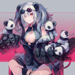  1girl animal animal_ears arknights black_dress black_hair black_jacket breasts cleavage cleavage_cutout clothing_cutout commentary dress eyewear_on_head fang feater_(arknights) feet_out_of_frame highres jacket large_breasts looking_at_viewer mechanical_arms medium_hair multicolored_hair off_shoulder panda panda_ears sasa_onigiri sitting skin_fang solo sunglasses twintails two-tone_hair white_hair yellow_eyes 