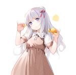  +_+ 1girl :t azur_lane bangs blue_eyes blush brown_dress buttons chewing closed_mouth collared_dress commentary_request cowboy_shot double_bun dress eating eyebrows_visible_through_hair food fruit hair_between_eyes hair_ribbon hands_up head_tilt holding holding_food le_malin_(azur_lane) long_hair looking_at_viewer mandarin_orange manjuu_(azur_lane) nekomu orange orange_slice plaid plaid_dress red_ribbon ribbon shiny shiny_hair short_sleeves sidelocks silver_hair simple_background solo standing wavy_hair white_background 