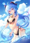  1girl absurdres ahoge ball bare_arms bare_shoulders beachball bikini black_bikini blue_hair blue_sky breasts cloud day floating_hair food front-tie_bikini front-tie_top ganyu_(genshin_impact) genshin_impact goat_horns highres holding holding_ball horns lalazyt long_hair looking_at_viewer medium_breasts mouth_hold ocean outdoors popsicle purple_eyes revision sky solo string_bikini summer swimsuit very_long_hair wading wet 