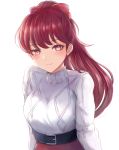  1girl bangs belt belt_buckle black_belt blush breasts buckle closed_mouth commentary highres large_breasts leonmandala long_hair long_sleeves looking_at_viewer persona persona_5 ponytail red_eyes red_hair red_skirt ribbed_sweater simple_background skirt smile solo sweater sweater_tucked_in turtleneck turtleneck_sweater upper_body white_background white_sweater yoshizawa_kasumi 