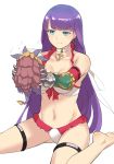  1girl bangs bare_shoulders bikini blue_eyes blush breasts choker cleavage closed_mouth collarbone cross cross_choker den_(kur0_yuki) dragon earrings elbow_gloves fate/grand_order fate_(series) frilled_bikini frills gauntlets gloves jewelry large_breasts long_hair purple_hair red_gloves saint_martha saint_martha_(swimsuit_ruler)_(fate) sitting swimsuit tarrasque_(fate) wariza white_bikini 