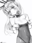  1girl adjusting_clothes adjusting_leotard animal_ears bare_shoulders blush bow bowtie breasts bunny_ears closed_mouth covered_navel cowboy_shot detached_collar fake_animal_ears greyscale head_tilt highres hoshino_meguri indie_virtual_youtuber leotard long_hair looking_at_viewer monochrome nanashi_(nlo) playboy_bunny ponytail simple_background small_breasts smile solo standing virtual_youtuber white_background wrist_cuffs 