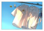  butterfree clothes clothes_hanger commentary_request eevee flying gen_1_pokemon gen_2_pokemon grey_legwear long_sleeves narumiya_(040miya) natu no_humans pikachu pokemon pokemon_(creature) shirt short_sleeves skiploom socks watermark white_shirt 