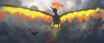  1other absurdres asteroid_ill bird closed_mouth cloud commentary_request dragonite fire flygon gen_1_pokemon gen_3_pokemon giant highres legendary_pokemon moltres pokemon pokemon_(creature) riding_pokemon 