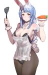  1girl animal_ears apron black_leotard blue_hair bow_(bhp) braid breasts bunny_ears carrot cleavage closed_mouth highleg highleg_leotard holding holding_spatula hololive large_breasts leotard long_hair looking_at_viewer mature orange_eyes pantyhose pekomama playboy_bunny rabbit_girl short_eyebrows sidelocks simple_background smile solo spatula standing thick_eyebrows white_apron white_background 