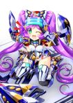  1girl bangs black_gloves blush breasts cosplay covered_navel covered_nipples crossover elbow_gloves eyebrows_visible_through_hair from_above gloves green_eyes highres long_hair looking_up manaka_lala mecha_musume medium_breasts one_eye_closed open_mouth pretty_(series) pripara purple_hair salute shield sitting solo temjin temjin_(cosplay) thighhighs very_long_hair virtual_on visor wariza yakisoba_(kaz2113) 