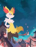 2020 absurd_res anthro braixen building chest_tuft detailed_background fire fur hi_res holding_object hydrabb inner_ear_fluff multicolored_body multicolored_fur night nintendo nude outside pok&eacute;mon pok&eacute;mon_(species) red_body red_fur solo standing stick tuft video_games white_body white_fur yellow_body yellow_fur 