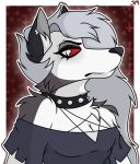  2019 anthro black_body black_fur black_nose breasts canid canid_demon chest_tuft collar demon eyebrow_piercing eyebrows facial_piercing female fur grey_body grey_fur grey_hair hair half-closed_eyes head_tuft hellhound helluva_boss hi_res inner_ear_fluff loona_(vivzmind) mammal narrowed_eyes piercing red_sclera shoulder_tuft snout softgothdragon solo spiked_collar spikes tuft white_eyes 