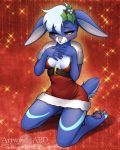  2015 4:5 abluedeer anthro blue_body blue_fur blush breasts christmas cleavage clothed clothing female fur hair hi_res holidays lagomorph leporid mammal pink_nose rabbit solo white_hair 