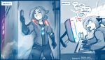  2020 7:4 angry anthro behind_the_counter canid canine clothed clothing comic computer computer_monitor conditional_dnp cyberpunk_2077 dialogue english_text expectation_vs_reality female fox gaming gloves_(marking) gun hair hi_res hiding holding_object holding_weapon hoodie jacket keidran laura_(twokinds) mammal markings monochrome open_mouth playing_videogame ponytail ranged_weapon short_hair sketch solo text tom_fischbach topwear twokinds video_games weapon webcomic yelling 