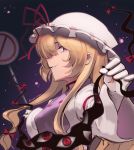  1girl blonde_hair boa_(brianoa) dress gap_(touhou) gloves hand_up hat hat_ribbon highres juliet_sleeves long_hair long_sleeves looking_at_viewer mob_cap no_entry_sign puffy_sleeves purple_eyes red_ribbon ribbon road_sign sign smile solo tabard touhou twitter_username white_dress white_gloves white_headwear yakumo_yukari 