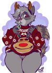  2020 anthro blush bottomless candy candy_cane christmas clothed clothing dessert fake_antlers female food fur genitals grey_body grey_fur grey_hair hair hi_res holidays inuki mammal procyonid pussy raccoon ringtail signature solo sweater thick_thighs topwear trash_inu 