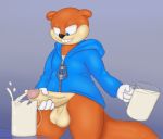  anthro balls blue_eyes bodily_fluids bottomless clothed clothing conker conker&#039;s_bad_fur_day cum cum_in_a_cup cup ejaculation fur genital_fluids genitals glass hi_res holding_cup holding_object hoodie kiffy_(artist) male mammal orange_body orange_fur partially_clothed penis rareware rodent sciurid simple_background smile solo solo_focus thick_thighs topwear video_games 