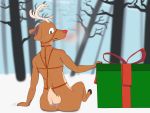  4:3 anthro antlers blush butt butt_focus capreoline cervid forest forest_background gift glowing glowing_nose hand_on_floor harness harness_only hi_res hooves horn keysquid looking_back male mammal nature nature_background plant raised_tail rear_view reindeer reins ribbons rudolph_the_red_nosed_reindeer sitting sitting_on_floor smile snow solo tree 