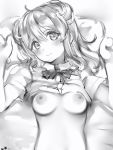  1girl ahoge avatar_2.0_project blush bow bowtie breasts breasts_outside closed_mouth double_bun greyscale hands_up highres looking_at_viewer lying makino_monaka medium_breasts medium_hair monochrome nanashi_(nlo) nipples on_back shirt_lift short_sleeves solo upper_body virtual_youtuber 