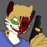  1:1 anthro blood bodily_fluids bone clothed clothing felid feline gore gun half_face hi_res holding_gun holding_object holding_weapon humanoid leopardus male mammal ocelot ranged_weapon rodrigo_(cyberrodrigo) skull smile smiling_at_viewer solo weapon 