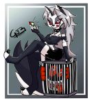  2019 ambiguous_gender anthro black_claws breasts cage canid canid_demon claws clothing collar demon eyebrows female fingerless_gloves fur ger_art01 gloves grey_body grey_fur grey_hair hair half-closed_eyes handwear hellhound helluva_boss hi_res inner_ear_fluff leggings legwear licking licking_lips loona_(vivzmind) mammal narrowed_eyes open_mouth open_smile phone red_sclera sharp_teeth shoulder_tuft signature sitting smile solo spiked_collar spikes teeth toe_claws tongue tongue_out torn_clothing tuft unknown_character white_body white_eyes white_fur white_inner_ear 