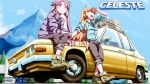 2girls ahoge arm_up artist_name badeline black_pants blue_sky blush boots brown_footwear brown_hair car celeste_(video_game) coat copyright_name dated day del ground_vehicle highres long_hair looking_away madeline_(celeste) motor_vehicle mountain multiple_girls open_mouth outdoors pants purple_hair red_eyes red_sclera sitting sky smile standing twitter_username very_long_hair wallpaper 