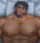  1boy abs bara beard blush brown_eyes cigar completely_nude ded_(tokyo_houkago_summoners) facial_hair forked_eyebrows grey_hair looking_away lying male_focus muscular muscular_male nipples nude on_back on_bed pectoral_focus pectorals short_hair smoking solo tokyo_houkago_summoners upper_body xiaojishangtian 