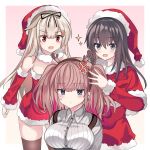  3girls :d akatsuki_(kantai_collection) alternate_costume anger_vein antlers atlanta_(kantai_collection) bare_shoulders black_hair black_ribbon blonde_hair blush breasts christmas commentary_request detached_collar detached_sleeves dress dress_shirt eyebrows_visible_through_hair fake_antlers fathom fur-trimmed_collar fur-trimmed_dress fur-trimmed_sleeves fur_trim grey_eyes hair_between_eyes hair_ornament hair_ribbon hairclip hat high-waist_skirt highres kantai_collection large_breasts long_hair multiple_girls open_mouth pink_background pink_hair purple_eyes red_dress red_eyes reindeer_antlers remodel_(kantai_collection) ribbon santa_costume santa_hat shirt simple_background skirt smile suspender_skirt suspenders two_side_up white_shirt yuudachi_(kantai_collection) 