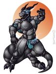  3:4 absurd_res anthro armor balls genitals glans glowing glowing_eyes hi_res horn lizard male mechanical_dragon mechanical_penis metal metal_teeth metallic_body muscular muscular_anthro muscular_male penis rangstrom reptile ribbed_penis scalie solo tail v-i-e warforged 