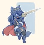  blue_body blue_eyes blue_fur blue_hair bottomwear canid canine canis cape clothed clothing crown domestic_dog fangs female feral feralized fire_emblem fur hair hi_res jumping kemonngo lucina_(fire_emblem) mammal nintendo pants paws simple_background solo sword_in_mouth tiara toeless_footwear tunic video_games 