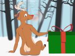  4:3 anthro antlers blush butt butt_focus capreoline cervid forest forest_background gift glowing glowing_nose hand_on_floor hi_res hooves horn keysquid looking_back male mammal nature nature_background nude plant raised_tail rear_view reindeer ribbons rudolph_the_red_nosed_reindeer sitting sitting_on_floor smile snow solo tree 