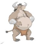  2020 anthro belly big_belly black_hair bottomwear bovid bovine brown_body brown_fur bulge canson clothing european_mythology facial_piercing fur greek_mythology hair hi_res hooves horn loincloth male mammal minotaur musclegut muscular muscular_anthro muscular_male mythology navel nipple_piercing nipples nose_piercing overweight overweight_anthro overweight_male piercing plantigrade simple_background solo tail_tuft tuft white_background wraps wrist_wraps 