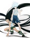  2boys absurdres bare_arms bare_shoulders black_hair blue_eyes blue_shorts boots brown_eyes child expressionless fighting_stance floating_hair full_body glowing glowing_hair gon_freecss green_footwear green_shorts highres hunter_x_hunter k.g_(matsumoto_zo) killua_zoldyck knee_boots long_hair male_focus messy_hair midriff_peek multiple_boys serious short_hair shorts silver_hair skinny spiked_hair spoilers spread_legs tank_top toned toned_male very_long_hair white_background white_hair white_tank_top 