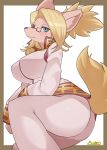  anthro beauty_mark big_breasts big_butt blonde_hair border bottomwear breasts butt canid canine caninu canis clothed clothing collie domestic_dog eyewear female fur glasses green_eyes hair herding_dog hi_res kemono mammal merveille_million mofumofumachine one_leg_up orange_border pants pastoral_dog ponytail raised_leg sheepdog shirt simple_background solatorobo solo tan_body tan_fur topwear video_games white_background 