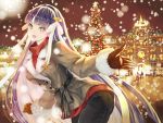  1girl :d absurdres bangs black_pants blue_eyes blunt_bangs blush building christmas_tree coat commentary_request eyebrows_visible_through_hair fate/grand_order fate_(series) fur-trimmed_coat fur_trim gloves graphite_(medium) grey_coat hair_ribbon highres leaning_forward long_hair long_ribbon looking_at_viewer natsujiru open_mouth pants purple_hair red_gloves red_sweater ribbed_sweater ribbon saint_martha smile snow solo sweater traditional_media very_long_hair white_ribbon winter_clothes winter_coat 