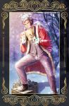  1boy bara beard blush brown_footwear brown_gloves bulge christmas cigar ded_(tokyo_houkago_summoners) facial_hair forked_eyebrows framed fur-trimmed_jacket fur_trim gift_bag gloves grey_pants grey_suit halo highres jacket knee_up male_focus ninomiya_reisui_(chieh_ren) old old_man over_shoulder pants purple_hair red_jacket santa_costume short_hair snowing solo thick_eyebrows tokyo_houkago_summoners tree 