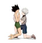  2boys bare_arms bare_shoulders black_hair blue_eyes blue_shorts brown_eyes child eye_contact flower from_side full_body gon_freecss green_shorts highres holding holding_flower hunter_x_hunter k.g_(matsumoto_zo) killua_zoldyck leg_between_thighs looking_at_another male_focus messy_hair multiple_boys short_hair shorts silver_hair skinny spiked_hair tank_top white_hair white_tank_top 