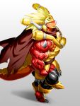  2020 anthro armor barazoku biceps big_muscles blonde_hair cape clothed clothing deltoids dragon drum_bunker_dragon future_card_buddyfight grey_background hair headgear helmet hi_res high-angle_view horn kuroma looking_at_viewer male multicolored_body muscular muscular_anthro muscular_male orange_body quads red_body scalie side_view simple_background solo spikes spikes_(anatomy) standing triceps two_tone_body vein veiny_muscles 