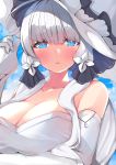  1girl amethyst_(gemstone) azur_lane blue_eyes blush breast_hold breasts cleavage dress elbow_gloves gloves hat highres illustrious_(azur_lane) large_breasts long_hair looking_at_viewer ryoutsu solo strapless strapless_dress sun_hat traditional_media upper_body watercolor_(medium) white_dress white_gloves white_headwear 