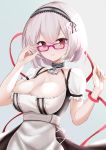  1girl absurdres anchor_choker apron artist_request azur_lane bespectacled breasts brown_dress choker cleavage cleavage_cutout clothing_cutout dress eyebrows_visible_through_hair frilled_choker frills glasses hairband highres large_breasts looking_at_viewer puffy_short_sleeves puffy_sleeves red_eyes short_hair short_sleeves simple_background sirius_(azur_lane) solo string string_of_fate white_apron white_hair 