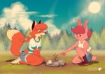  absurd_res anthro bottomwear campfire canid canine clothing crop_top duo female forest fox fox-pop hi_res kneeling lagomorph leporid mammal match midriff pigtails plant rabbit shirt shorts topwear tree 