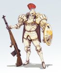  absurdres alternate_universe armor clenched_hands eko999 english_commentary fantasy gun gundam gundam_wing helmet highres holding holding_gun holding_weapon knight looking_ahead pauldrons rifle shield shoulder_armor solo tallgeese visor weapon 