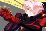  1boy absurdres black_coat brass_knuckles coat colored_skin eyeshadow fate/grand_order fate_(series) fighting_stance gloves green_eyes hair_over_one_eye highres hood karna_(fate) karna_(santa)_(fate) makeup male_focus pink_hair puopuopopo red_gloves short_hair smile solo tsurime upper_body weapon white_skin 