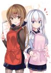 2girls :d alternate_costume apron black_bow blue_eyes blue_sweater bow brown_eyes brown_hair brown_legwear brown_sweater commentary_request duplicate eyebrows eyebrows_visible_through_hair fathom hair_between_eyes hair_bow hair_ornament hairclip hibiki_(kantai_collection) highres kantai_collection long_hair long_sleeves looking_at_viewer low_twintails multiple_girls open_mouth pantyhose red_apron sailor_collar school_uniform serafuku smile sweater tashkent_(kantai_collection) turtleneck turtleneck_sweater twintails verniy_(kantai_collection) white_hair 