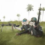  2019 anthro assault_rifle backpack belt_pouch black_hair blue_eyes blue_hair bullet canid canine canis clothed clothing detailed_background didelphid domestic_dog duo foxhole_(war) fur grin gun hair hi_res m16 m60 machine_gun male mammal marsupial military military_clothing military_helmet military_jacket military_uniform orange_eyes outside palm_tree pimpartist pink_nose plant ranged_weapon rifle sky smile teeth traditional_media_(artwork) tree u.s._army uniform vietnam_war weapon white_body white_fur 