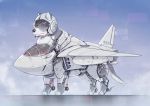  aircraft airplane dog eko999 english_commentary fighter_jet headset helmet highres husky jet looking_ahead military military_vehicle no_humans original smoke solo standing 
