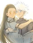  2boys absurdres alternate_costume alternate_hairstyle black_hair blue_eyes blush brown_eyes carrying child gon_freecss head_to_head highres hunter_x_hunter k.g_(matsumoto_zo) killua_zoldyck long_hair looking_at_viewer male_focus messy_hair multiple_boys princess_carry short_hair silver_hair skinny smile spiked_hair spoilers very_long_hair white_background white_hair 