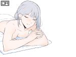  1girl ak-12_(girls_frontline) artist_logo breasts closed_eyes commentary english_commentary facing_viewer fingernails girls_frontline grey_hair hair_bun head_tilt j_adsen jewelry large_breasts lying nail_polish nude on_stomach parted_lips pink_nails ring simple_background smile solo towel wedding_band white_background 