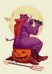  absurd_res anthro big_butt butt canid canine canis cape clothing fake_horns food footwear fruit fur garter_belt garter_belt_socks garter_straps halloween halloween_costume halloween_decoration hi_res holidays jack-o&#039;-lantern male mammal muscular muscular_anthro muscular_male pitchfork plant pumpkin purple_body purple_fur red_clothing scissors shoegaze. shoes sitting smile socks solo thick_thighs tools wolf 