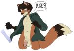  2020 5_fingers anthro assisted_exposure balls black_hair canid canine clothed clothing digital_media_(artwork) duster_(character) fingers fox genitals green_clothing green_hoodie green_topwear hair hoodie kittydee male mammal penis simple_background topwear white_background 