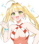  1girl ahoge bare_shoulders bikini blonde_hair blush breasts cleavage clenched_hand criss-cross_halter earrings fate/extra fate_(series) green_eyes hair_intakes halter_top halterneck hand_on_hip jewelry large_breasts long_hair looking_at_viewer nero_claudius_(fate) nero_claudius_(fate)_(all) nero_claudius_(swimsuit_caster)_(fate) open_mouth simple_background solo sparkle striped striped_bikini swimsuit twintails twitter_username underboob upper_body white_background wristband yayoi_maka 